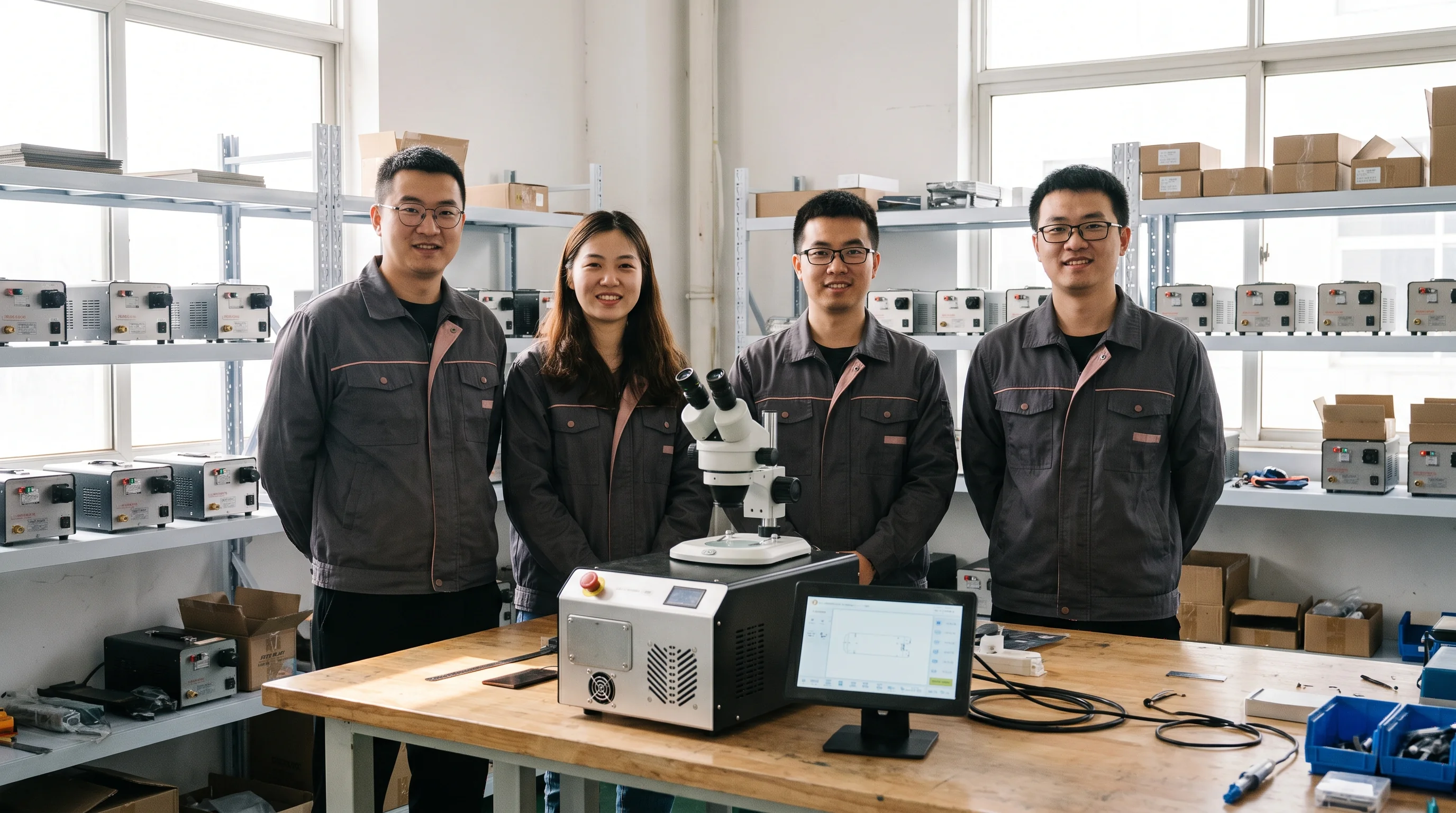The M3 engineering and assembly team at the bench: power supply assembly, laser source assembly, final assembly and unit-by-unit inspection