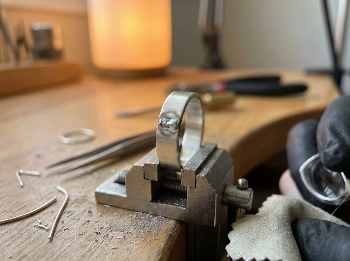 A grey fire stain ring around a weld on a sterling shank, photographed before polishing