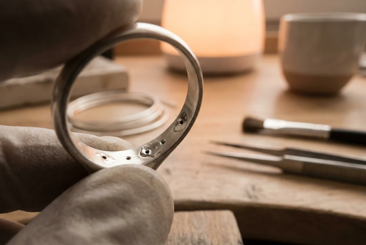 Pinholes opening at the centre of melt points on a cast sterling piece
