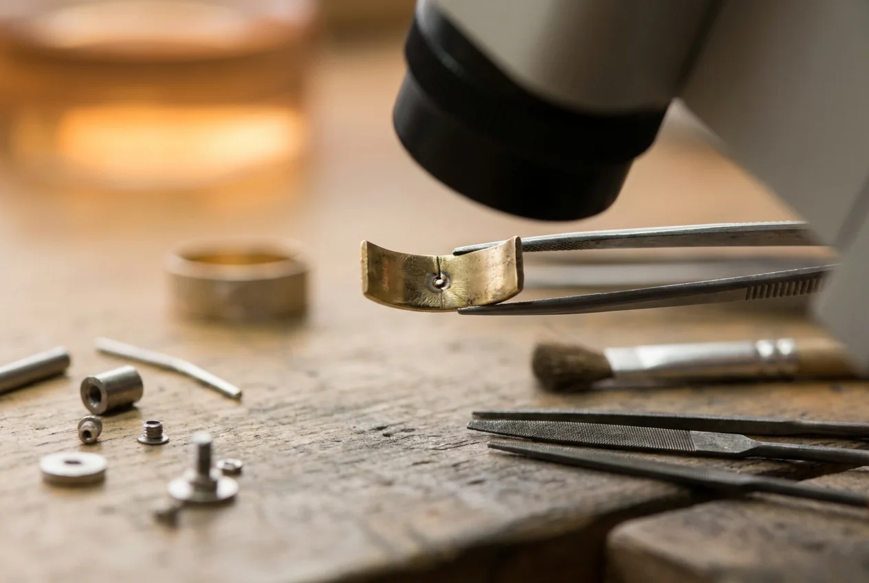 A trial shot placed on a hidden face of the piece, read under the microscope before anything visible is touched
