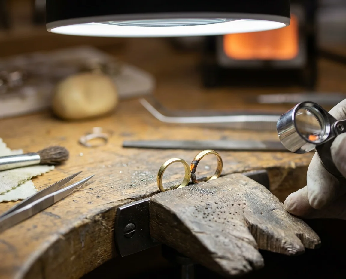 A yellow karat joint welded with matching metal beside one welded over old solder, under a bright counter light