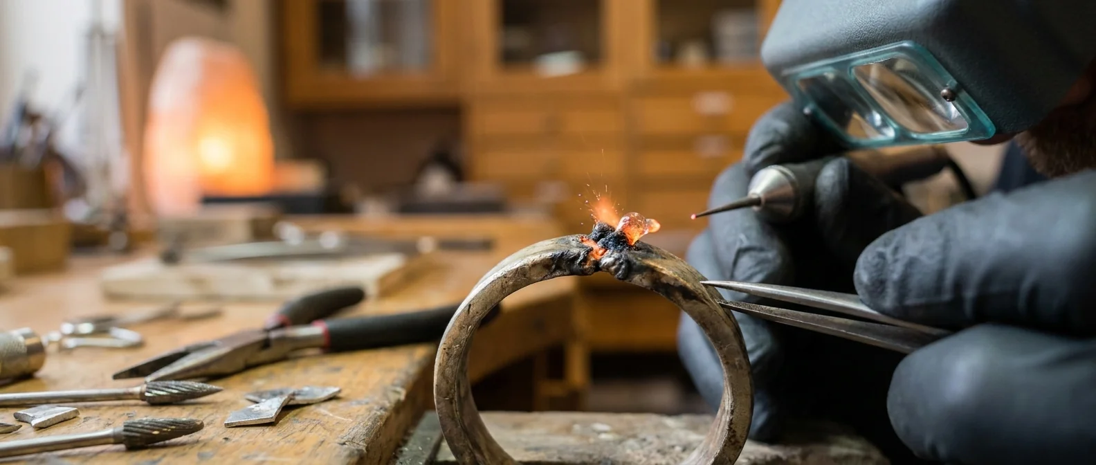 An old solder seam in a shank, holding a third alloy that spits when it is welded over