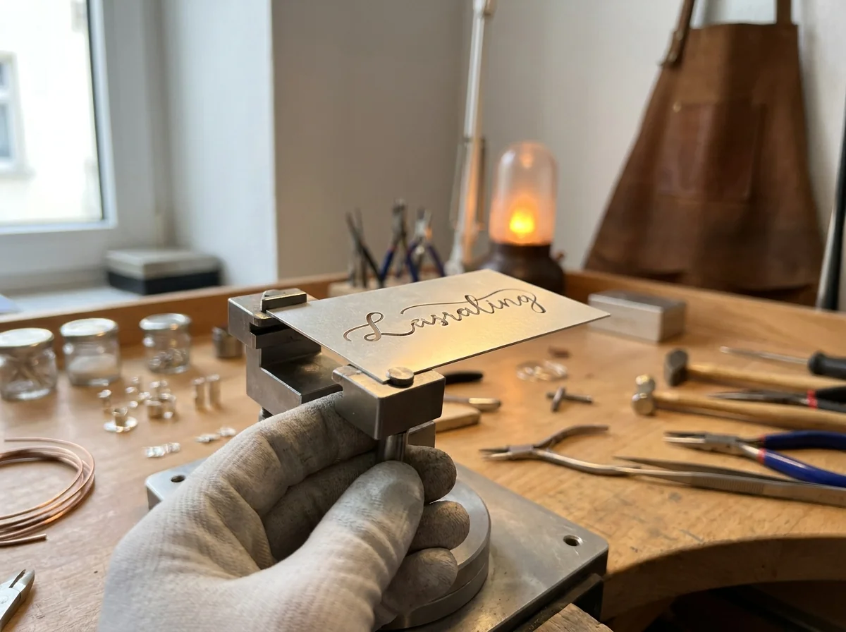 Thin sheet clamped in the cutting fixture with a cursive outline cut through