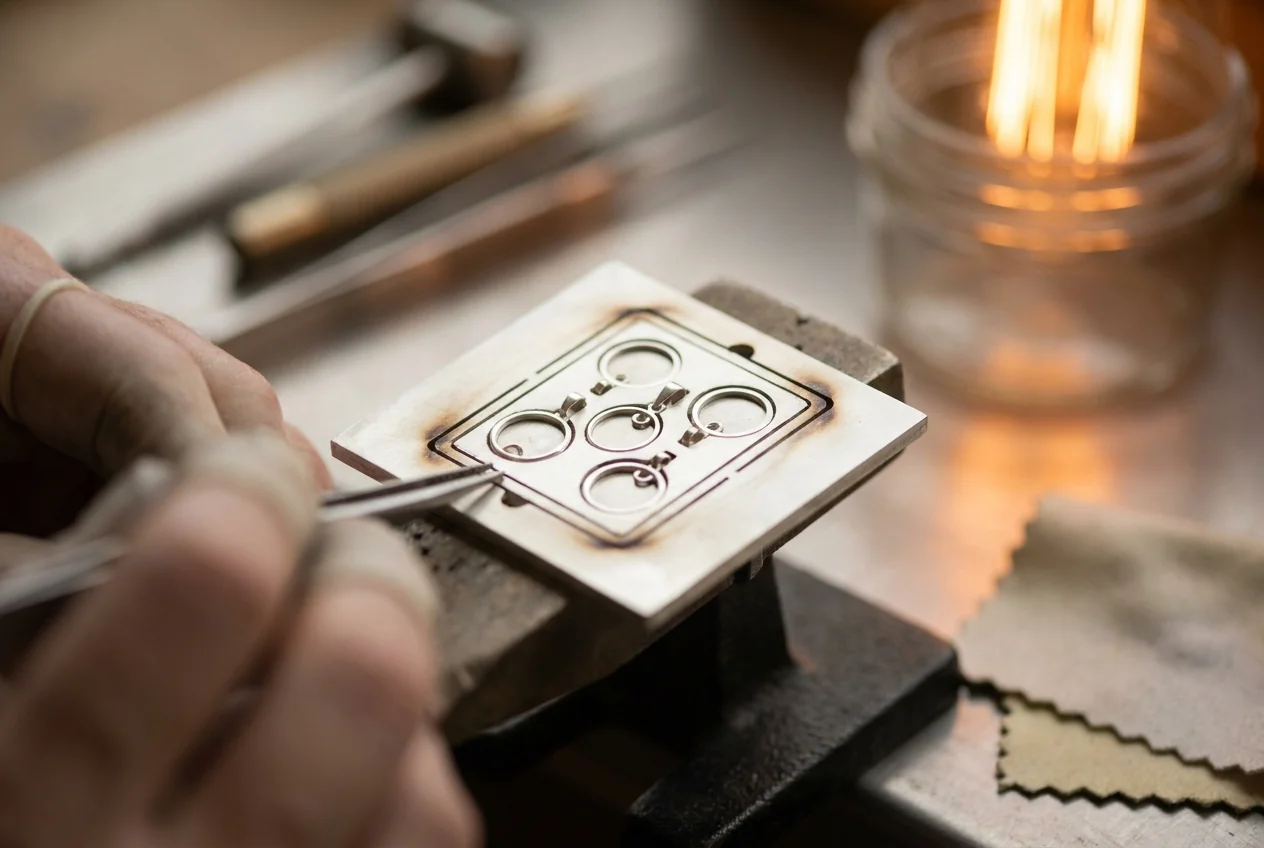 A silver blank nested with several pieces in one clamp-up