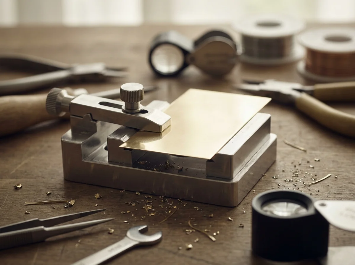 The cutting fixture clamping a thin blank flat across the whole cut area