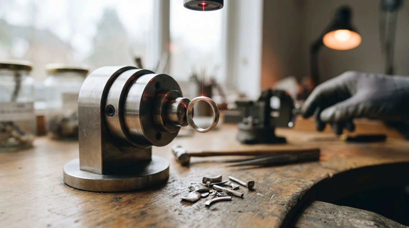 The rotary device holding a ring band so the curved surface turns under the beam