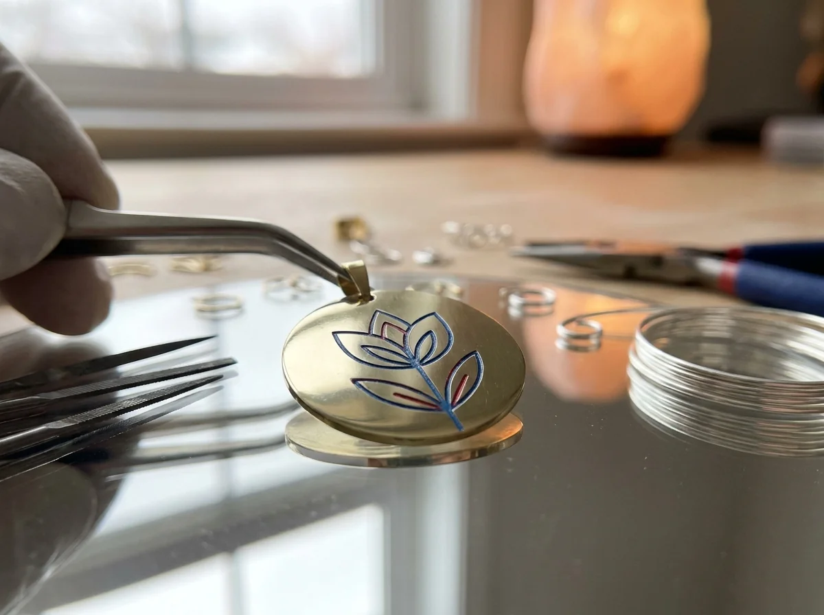 A brass blank carrying a colour figure across a mirror finish