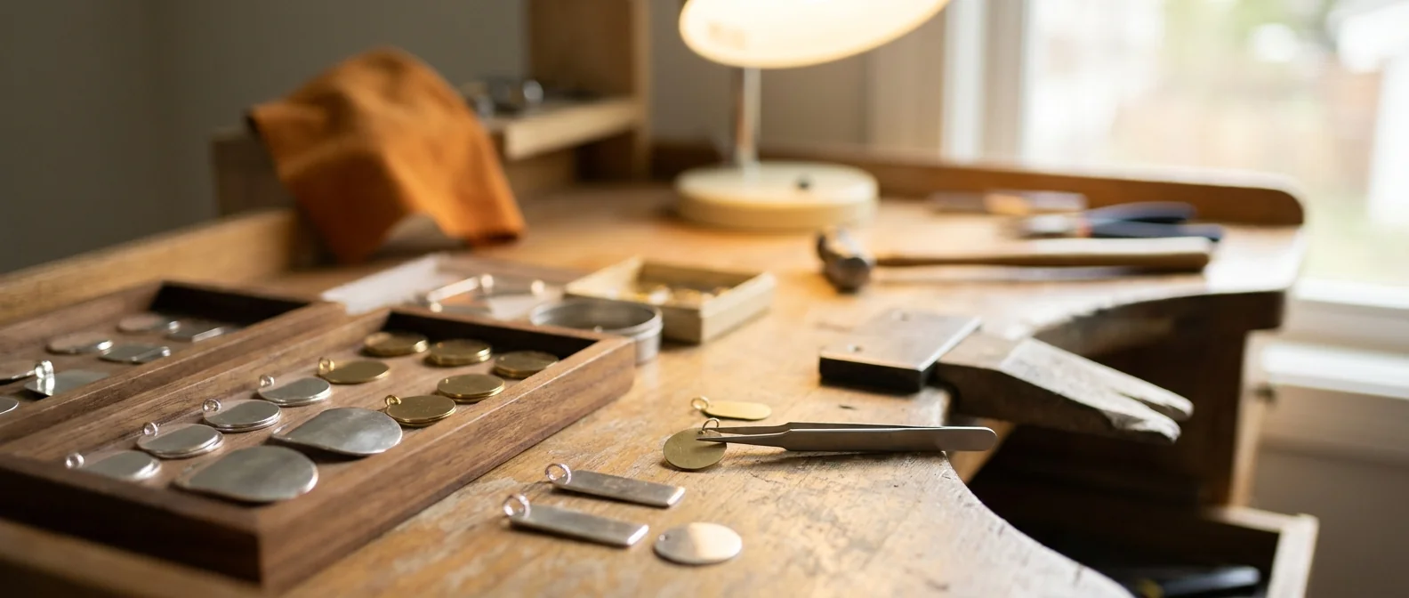 A narrow range of tags, discs, bar pendants and cuff plates held as stock