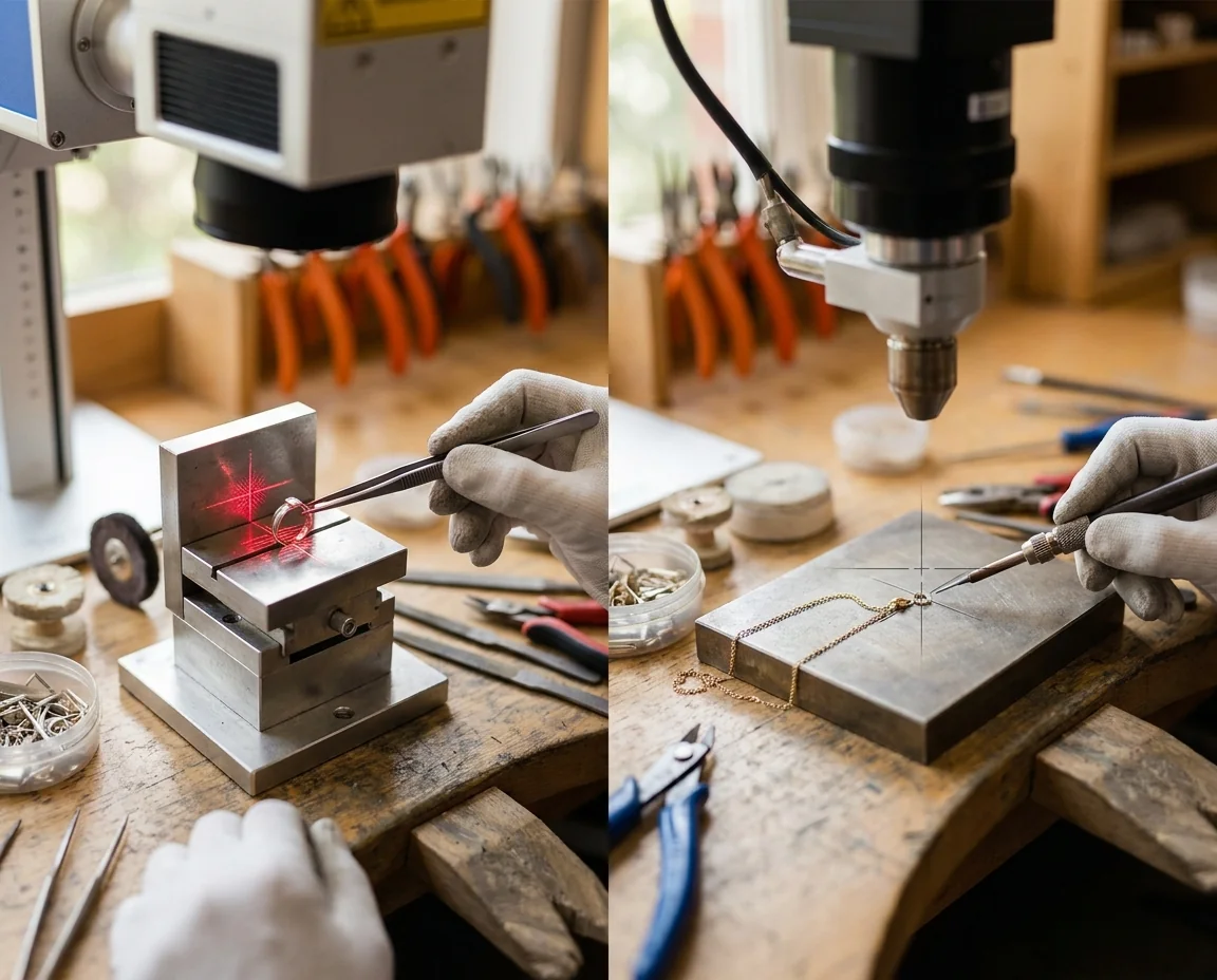 Left work area under the galvo head with a red-light preview for marking or welding, right work area under the welding head aimed with a crosshair, welding only