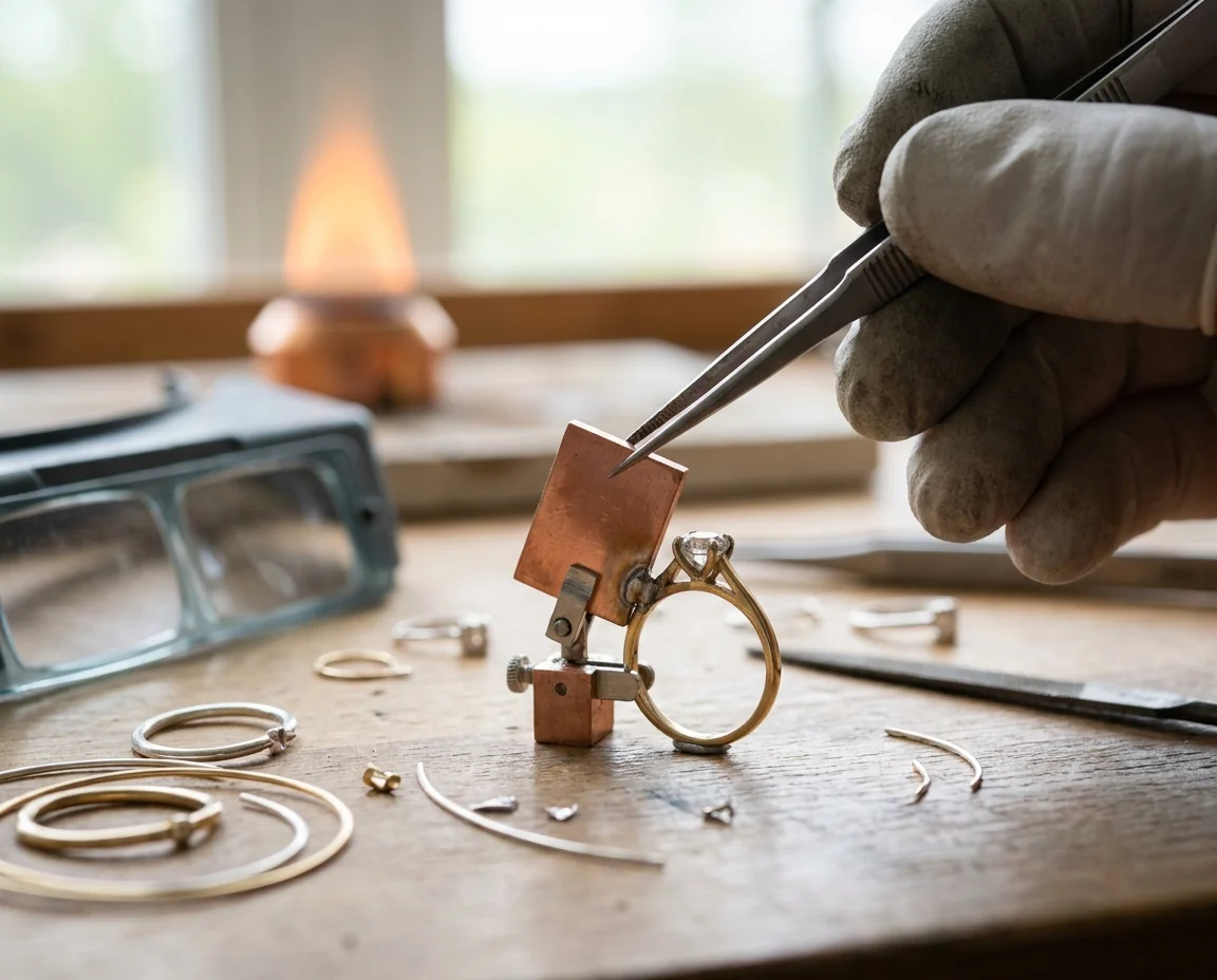 A copper heat sink set in the path between the weld joint and the stone setting
