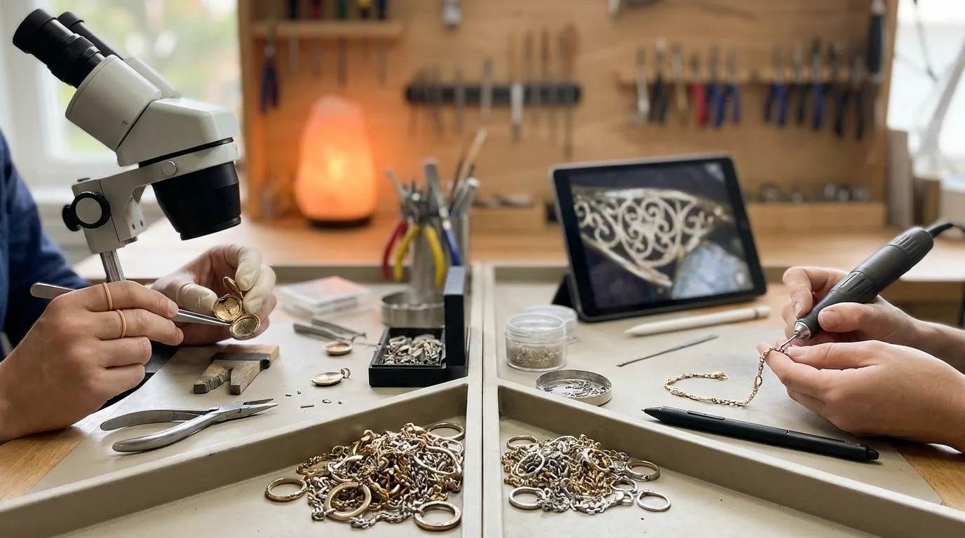 One repair queue splitting into a bench owner stream and an apprentice stream