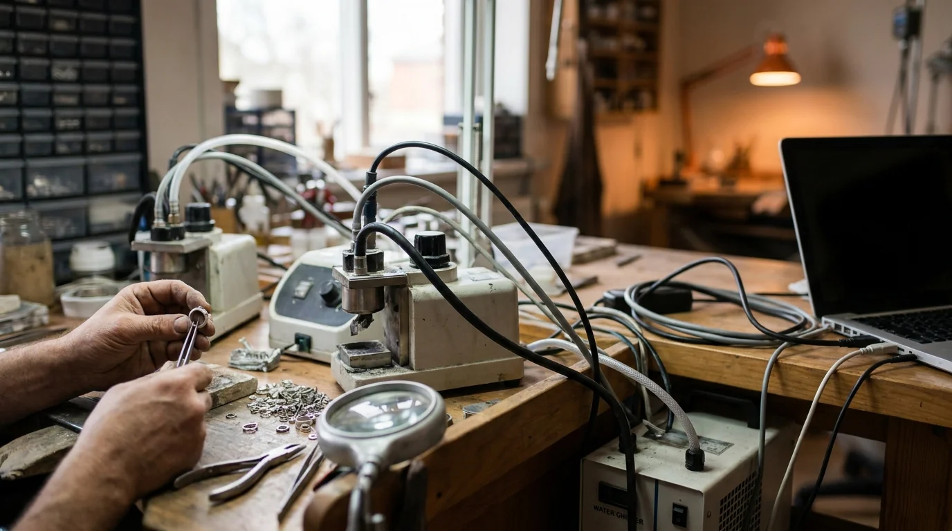 Jewelry laser welder price against a crowded bench of three separate machines, a chiller and a laptop