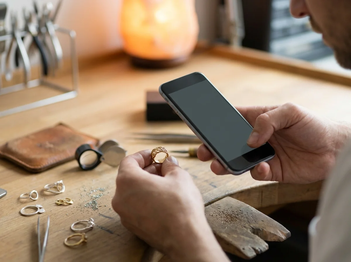 A jeweler photographing a piece to send with an inquiry