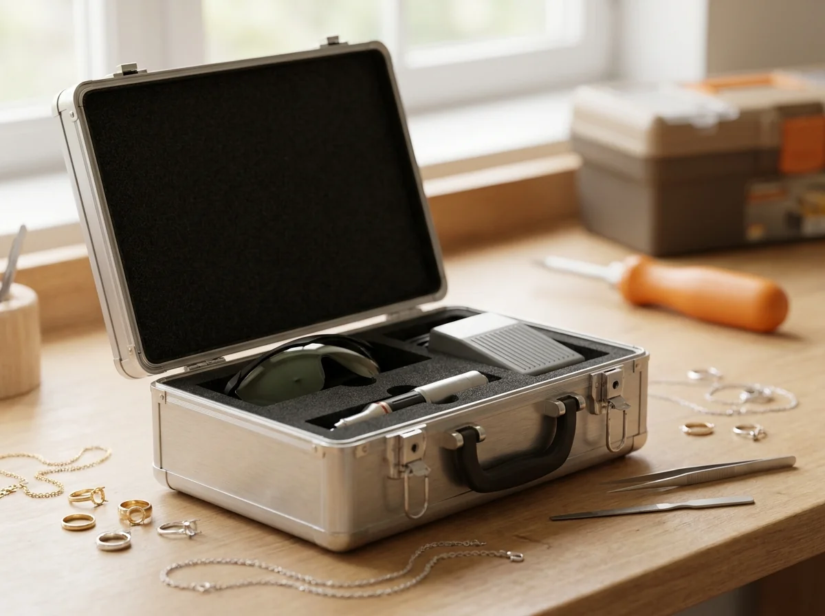 A metal carry case with foam insert, the way the screen travels