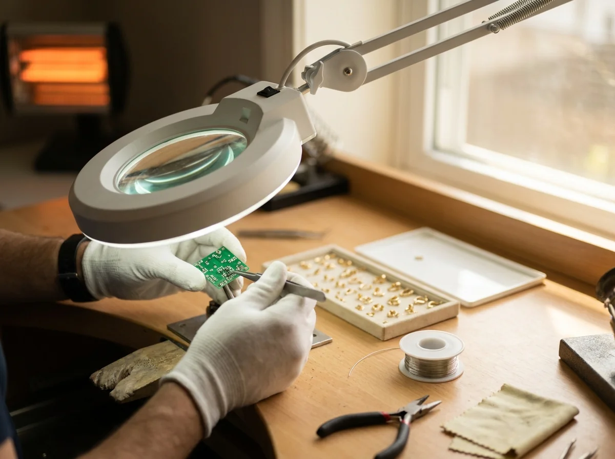 A technician repairing an electronics board