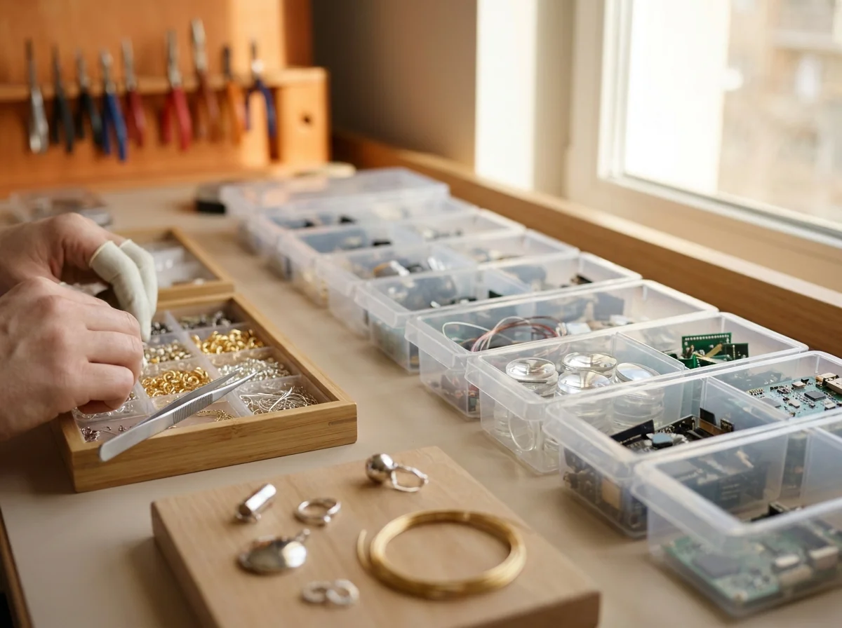 Shelves of electronic components and optics ready for assembly