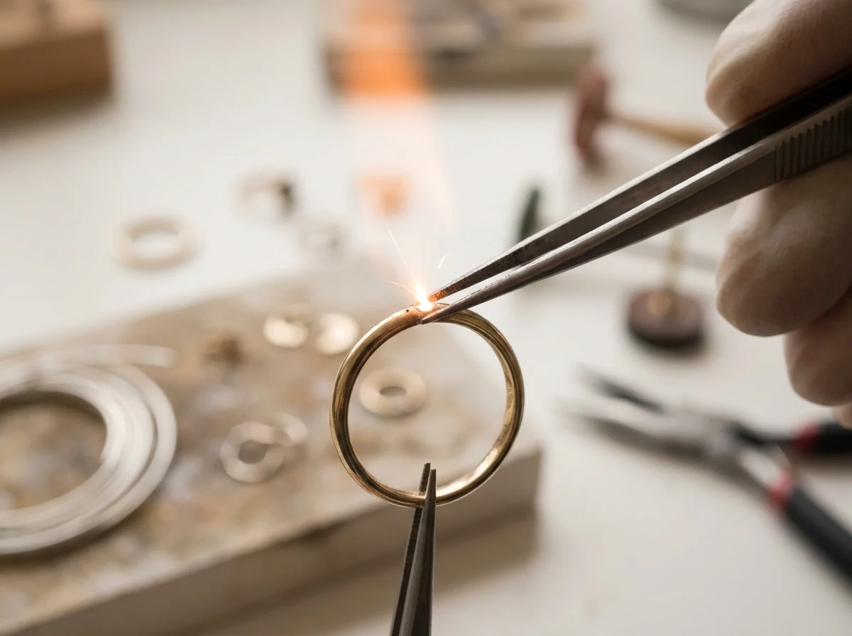 A tiny laser weld point on a gold ring shank