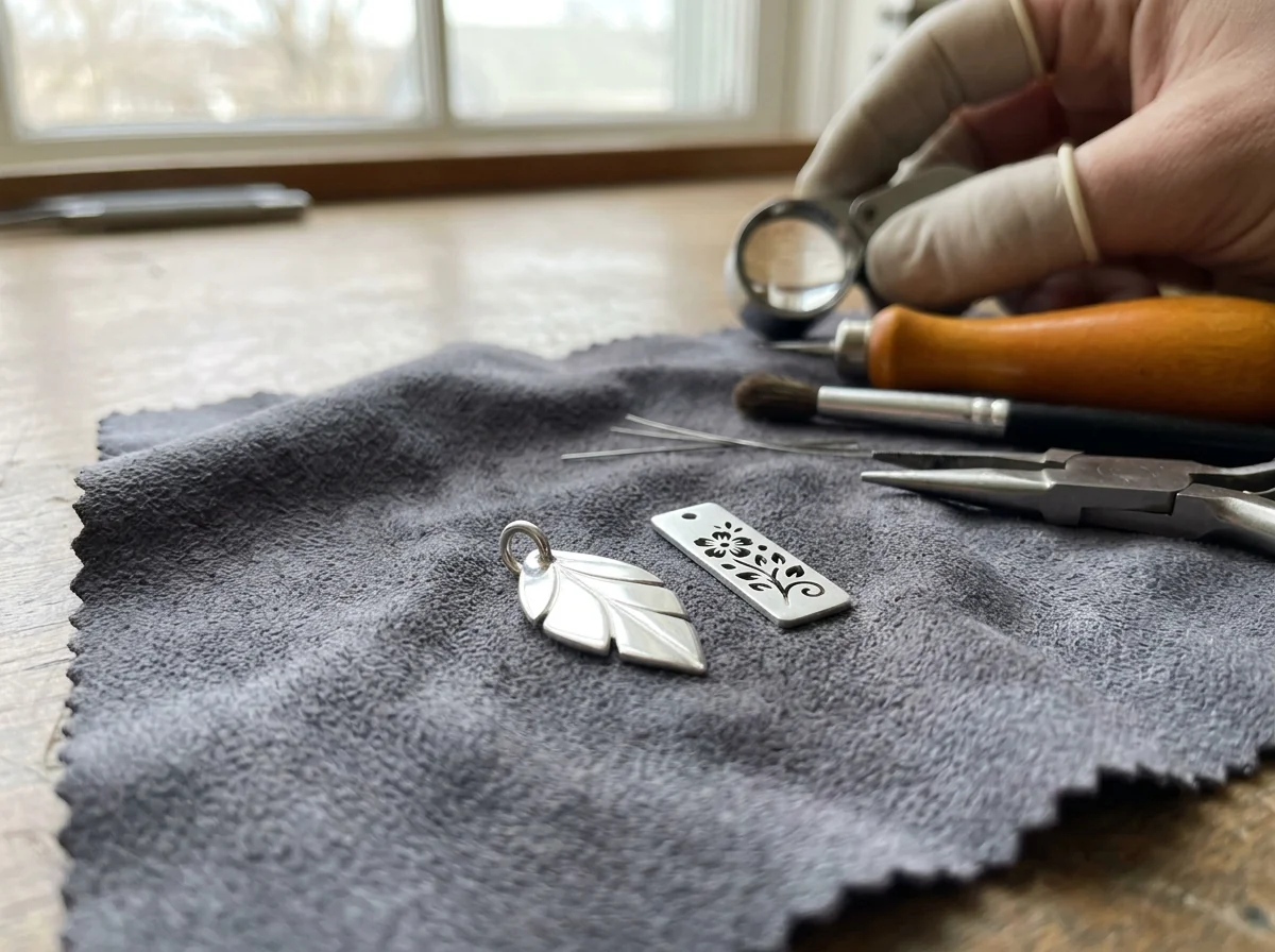Jewelry laser welder comparison: the finished silver pendant, welded clasp and cut tag from one bench