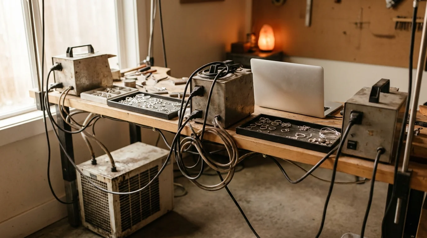 Jewelry laser welder comparison: a crowded workshop corner with three separate machines, cables and a water chiller