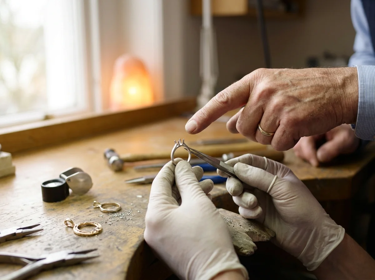 A senior jeweler teaching an apprentice at the bench