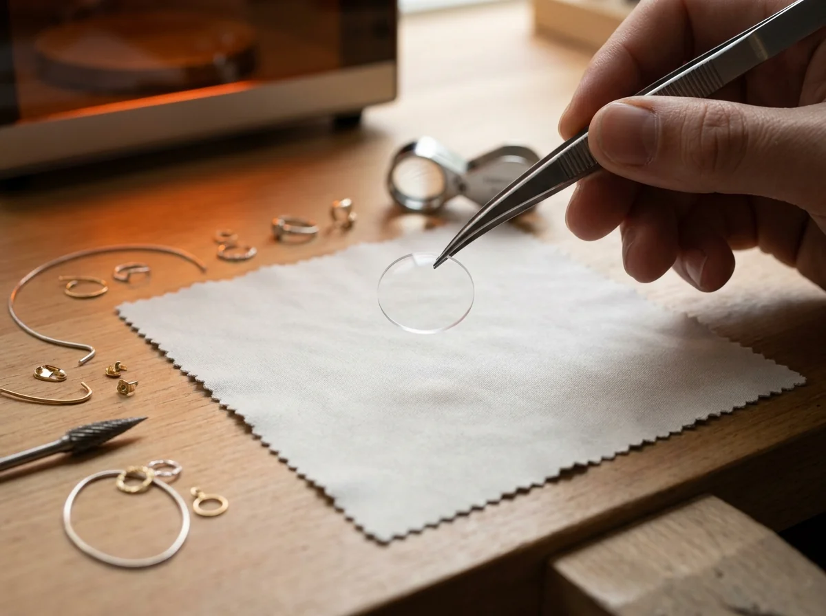 A protective lens held in tweezers over a lint-free cloth