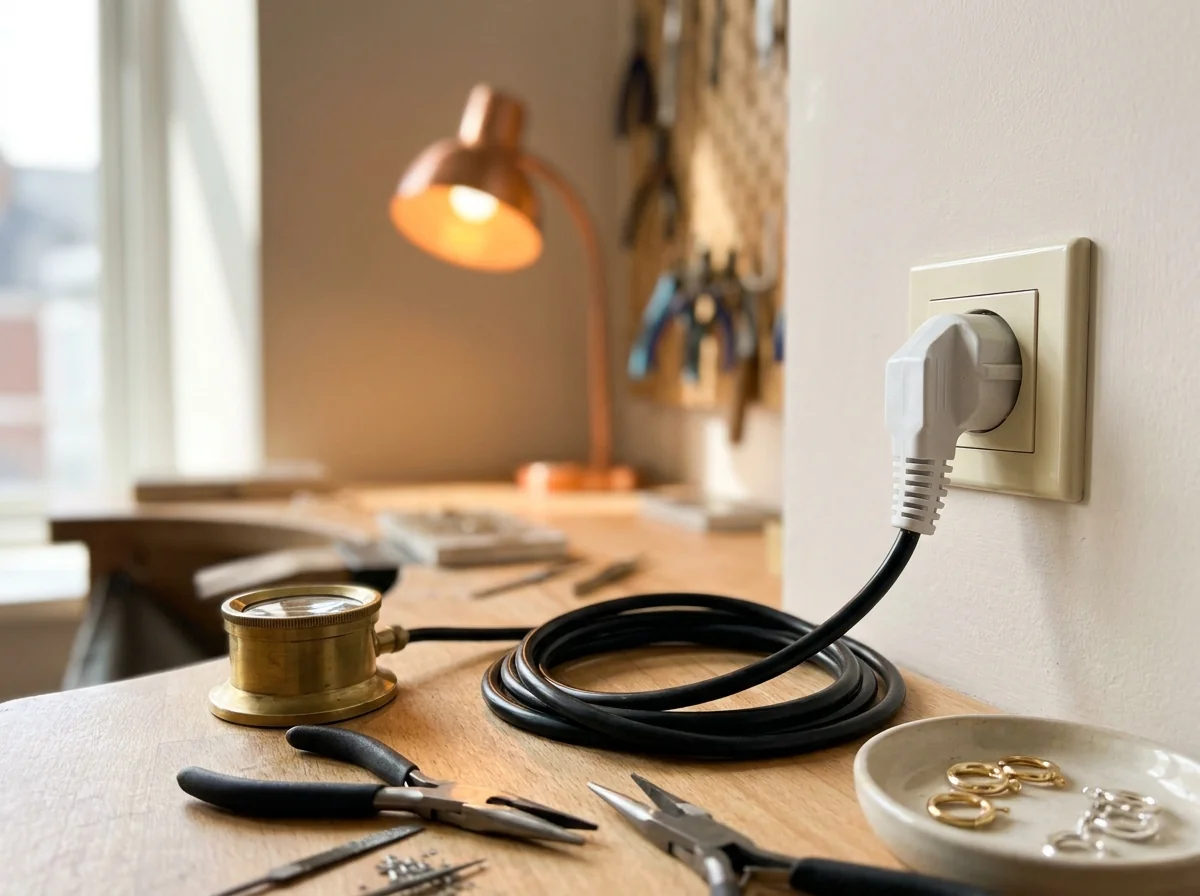 One plug in an ordinary wall socket above a jewelry bench