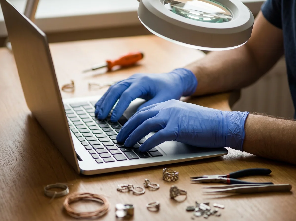 A technician running a remote support session beside a jewelry bench