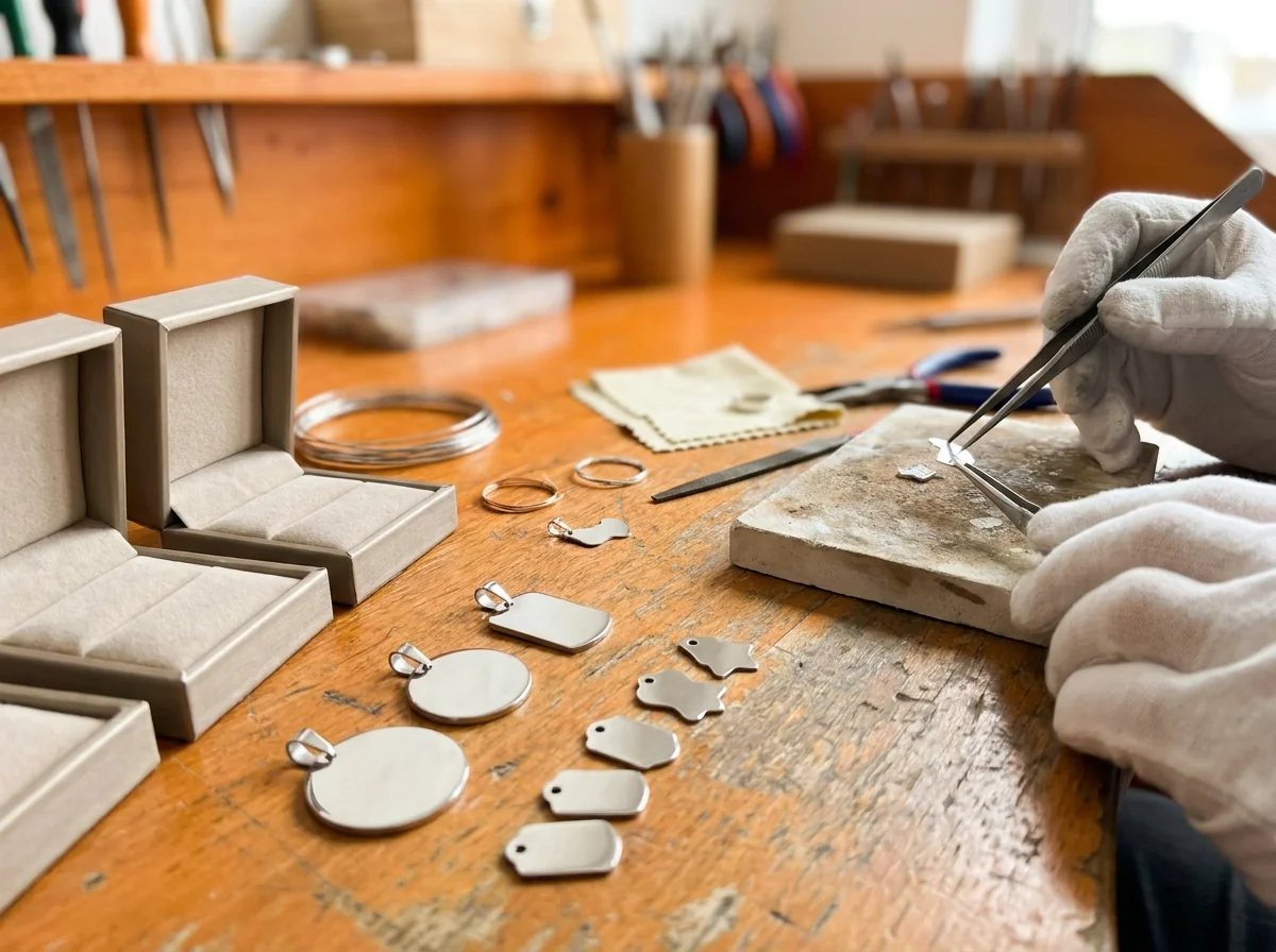 A personalization studio table with pendants and tags