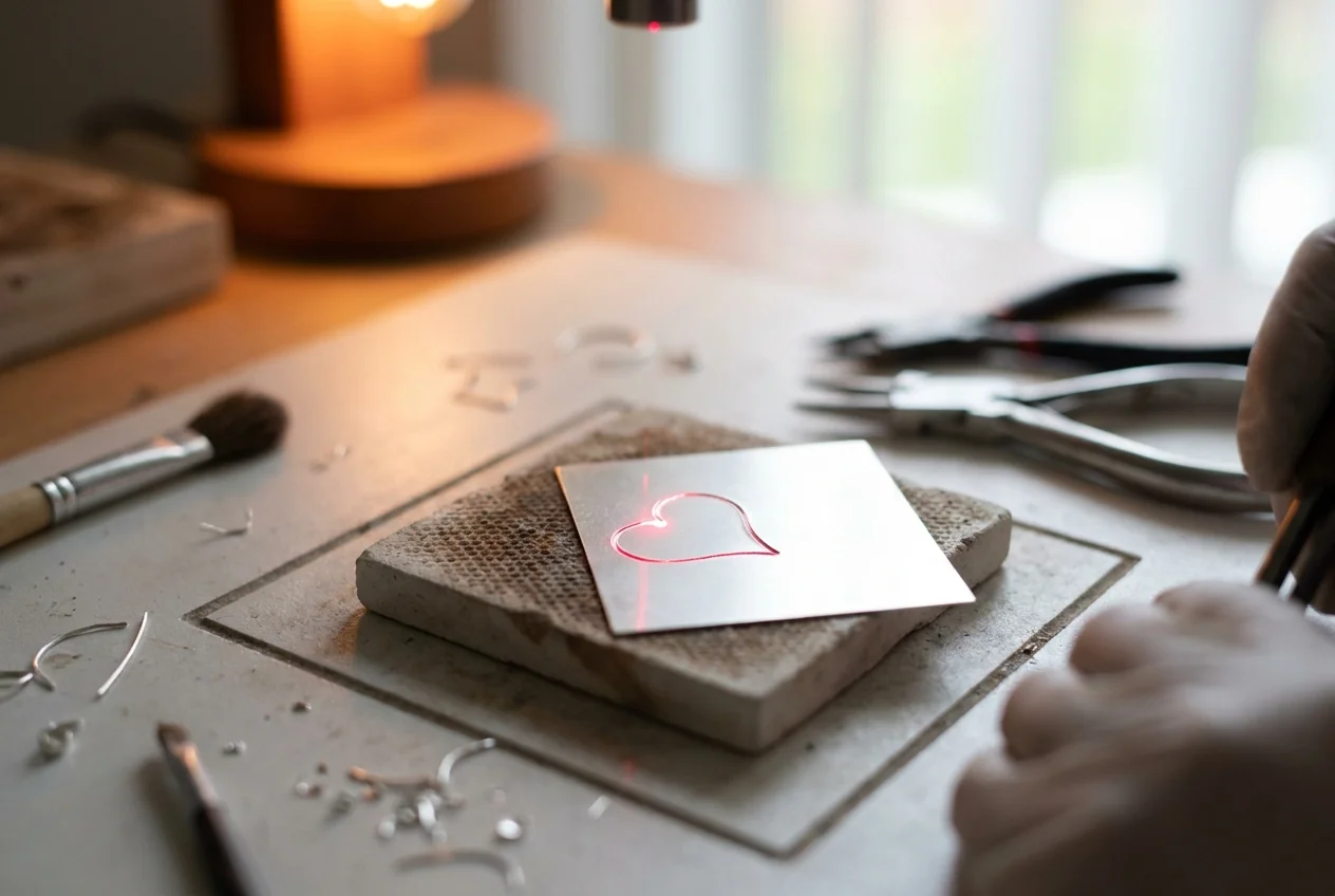 Red light tracing a charm outline on thin sheet inside the square cutting field