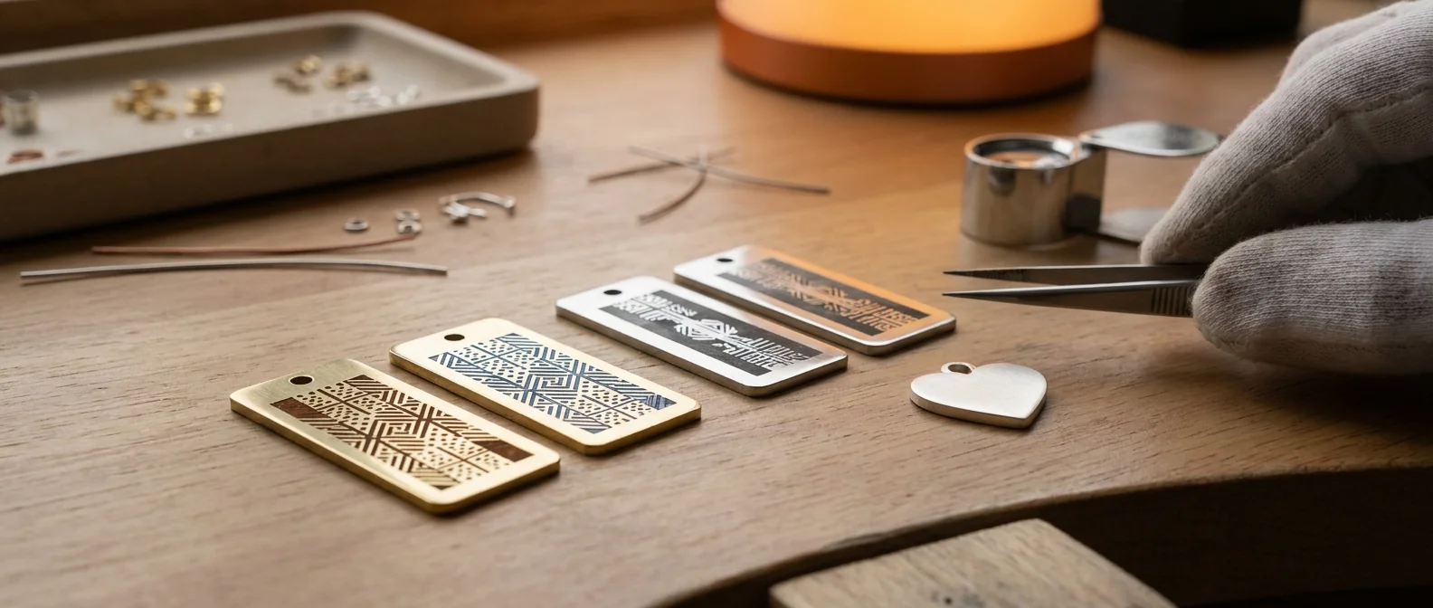 Colour-marked brass and stainless steel tags beside an uncoloured precious metal charm