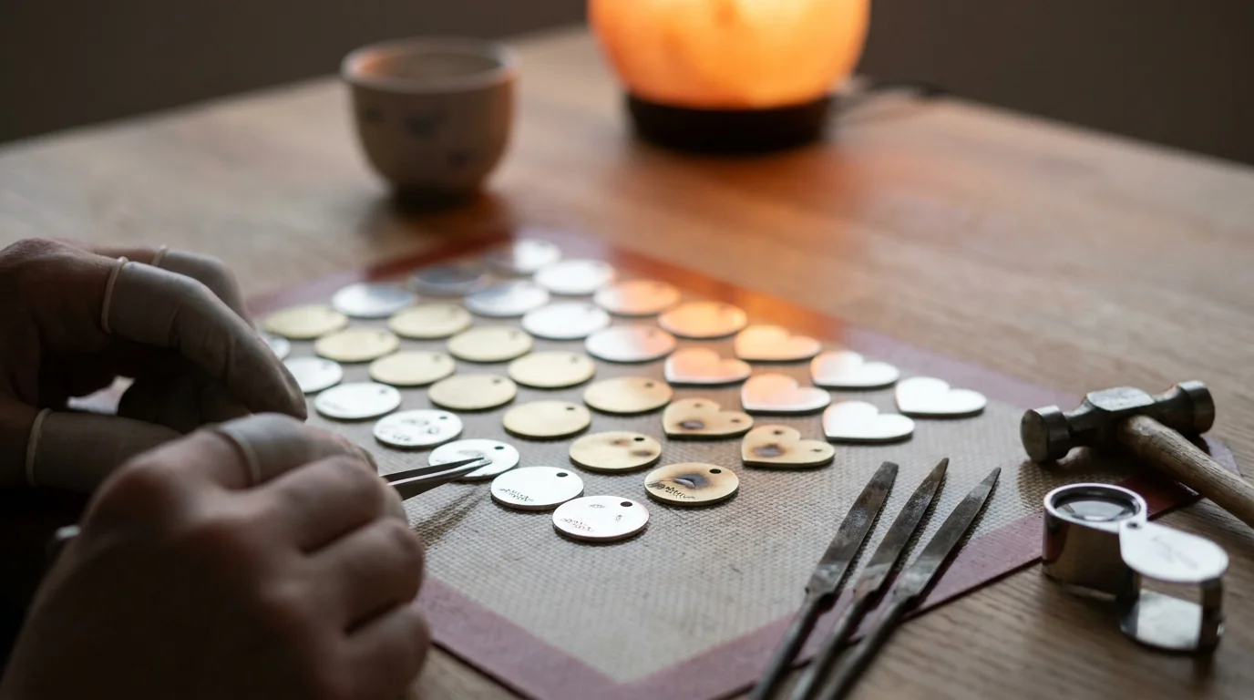 A batch of charm blanks cut and marked in rows the evening before an event
