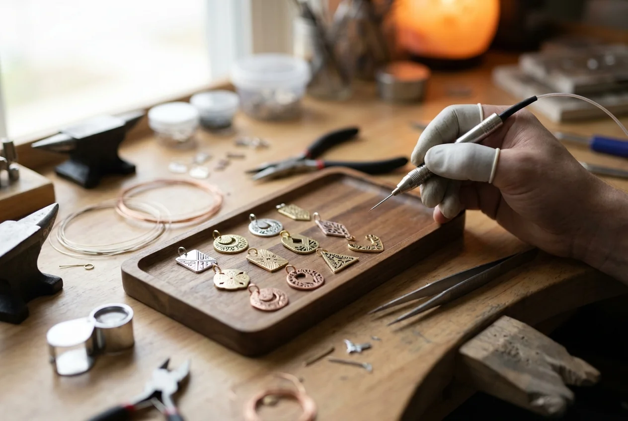 A tray of charms cut and marked in-house, each one different