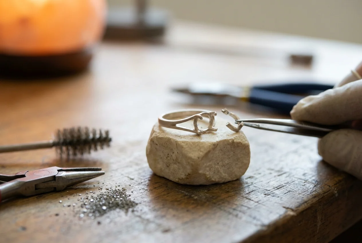A cast framework seated on a stone model with a parted clasp