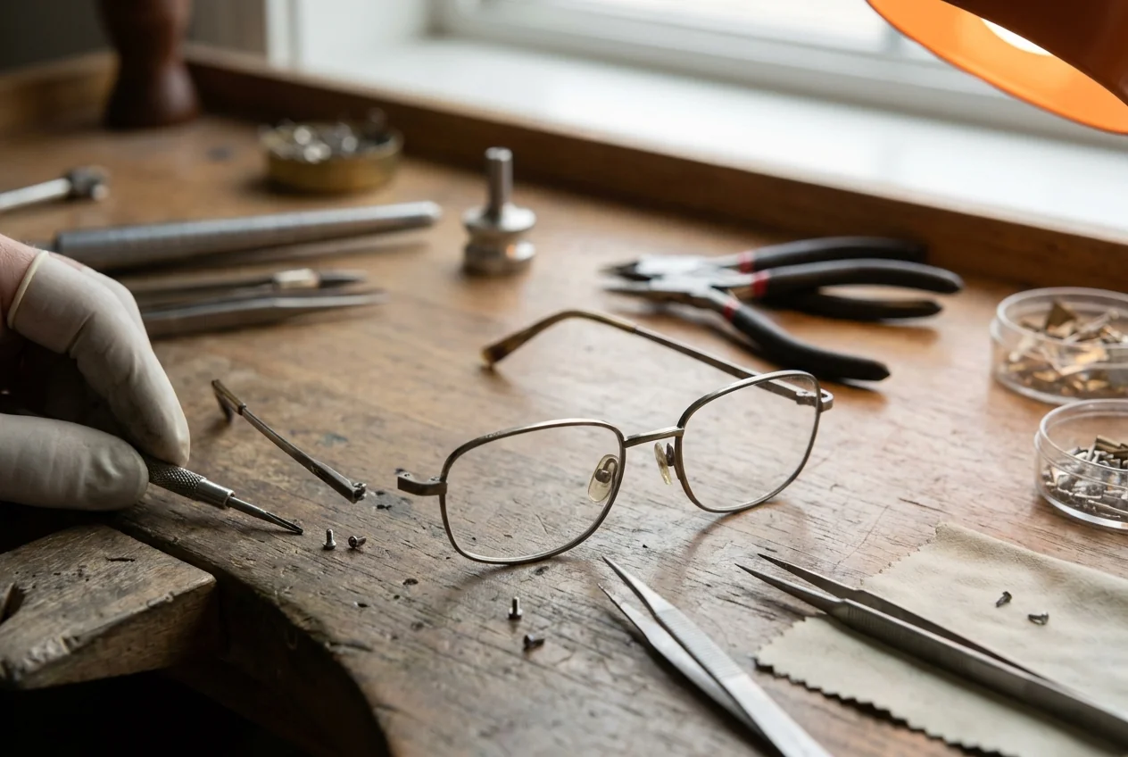 An eyeglass frame on a workshop top with a temple parted at the hinge