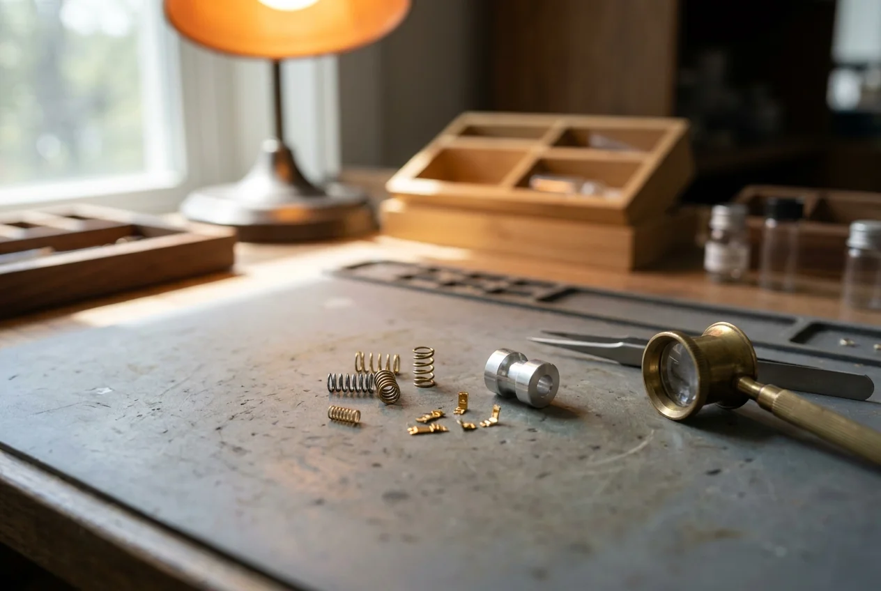 Small springs, contacts and a turned prototype part on a bench mat