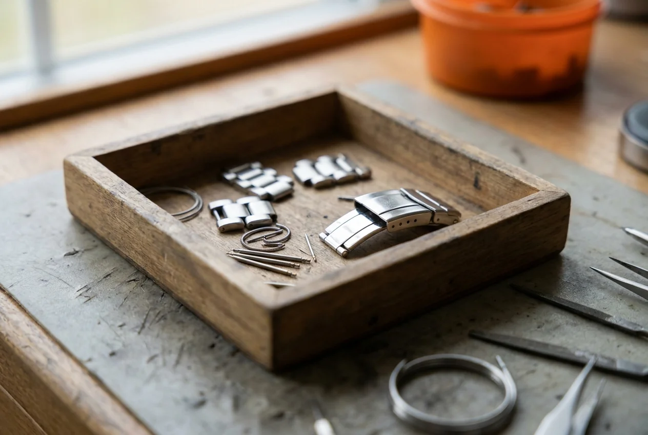 A watch bench tray holding bracelet links, pins and a folded clasp