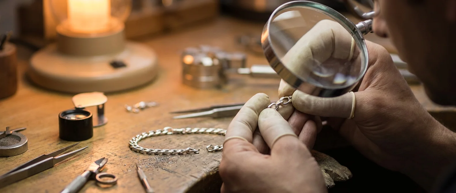 A spare link held beside the bracelet being repaired under the lens