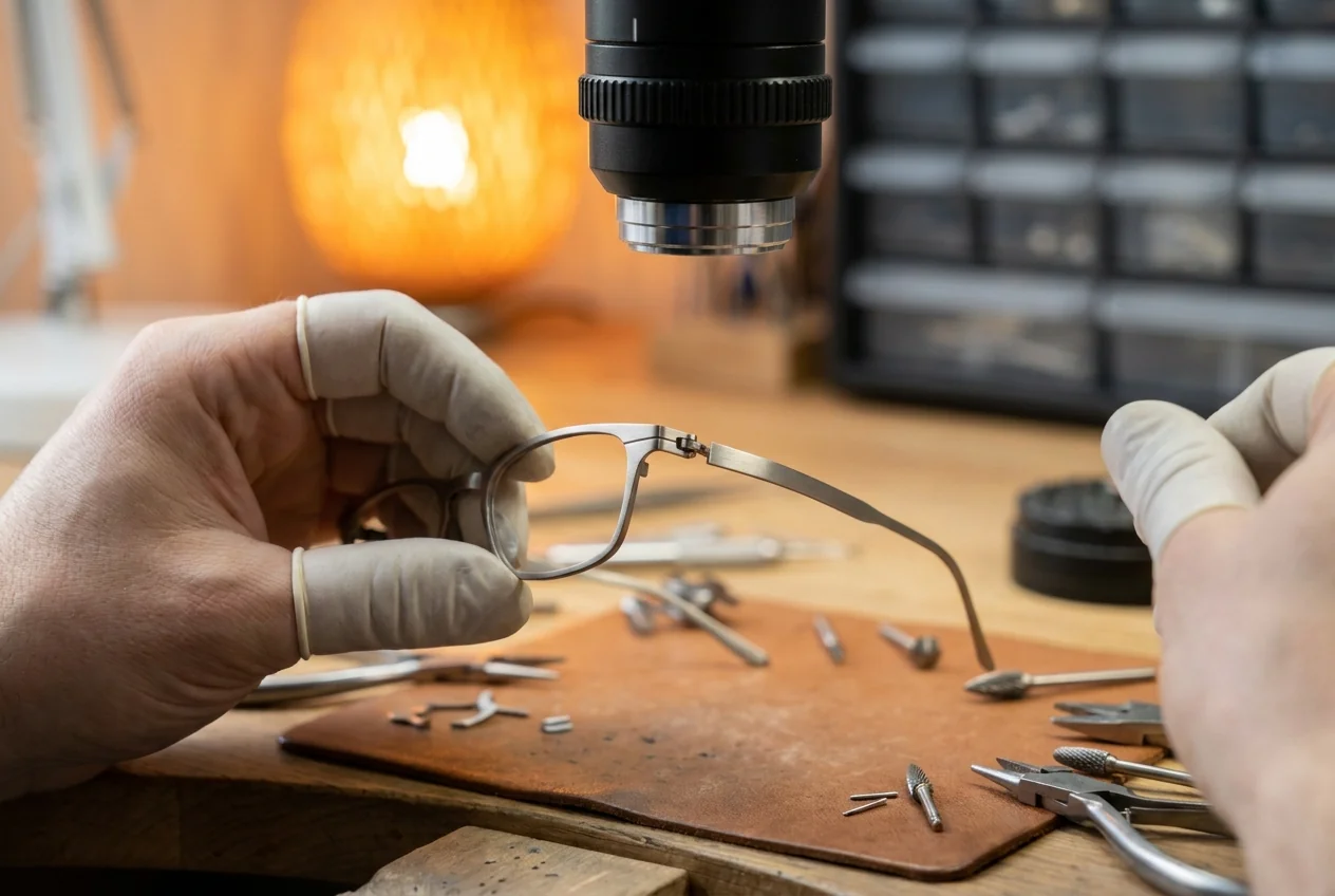 A titanium frame held by hand with the hinge barrel joint under the microscope