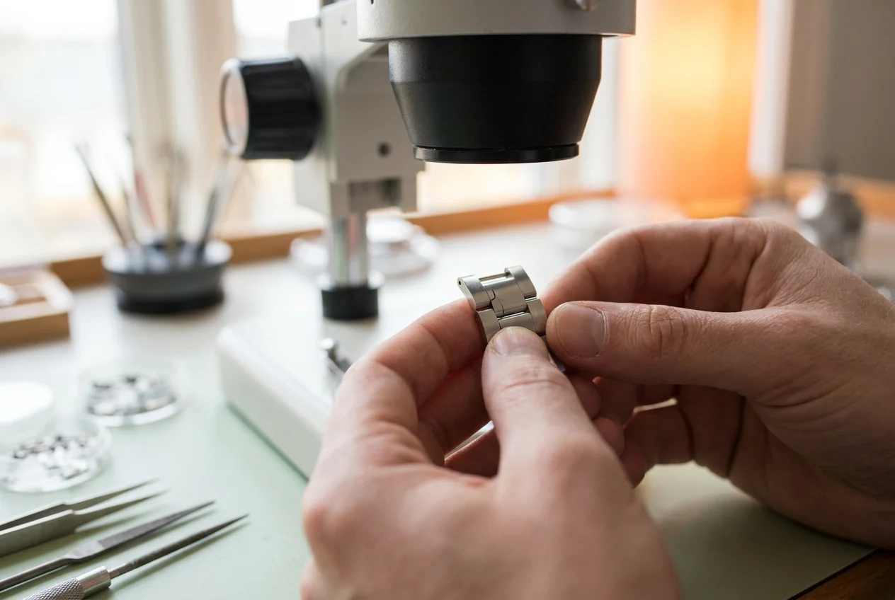 A steel bracelet link held in the fingers with the cracked pin hole under the microscope