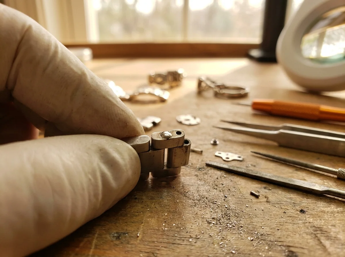 A worn oval pin hole filled with weld metal before reaming