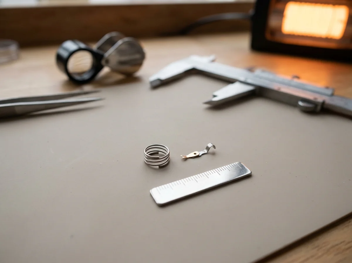 A small spring and an electrical contact on a bench mat beside a scale bar