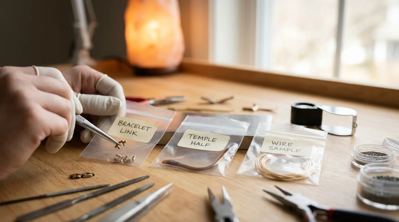 Small labelled bags holding a bracelet link, a temple half and a length of wire