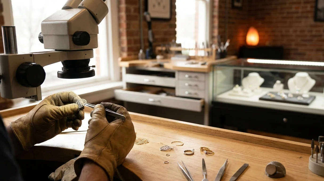 A jewelry laser welder for repair shops: a store with a repair counter and a jeweler's bench